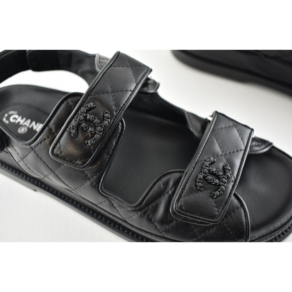 Chanel Black Leather Quilted Chain CC Logo Mule Slide Strap Flat Dad Sandal 36 - Picture 4 of 9